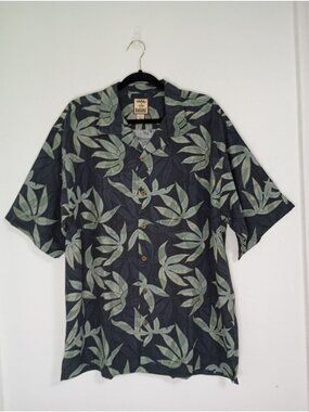 Tommy Bahama Mens Silk Hawaiian Shirt Large Black Leaf Print Button-Down